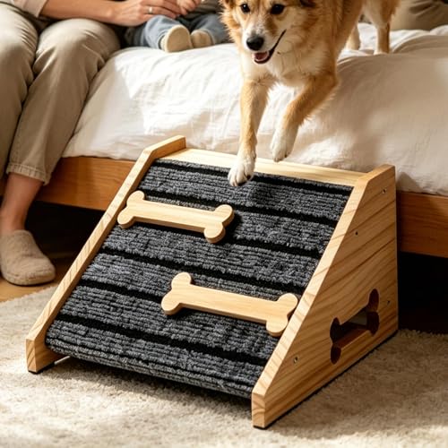 Rampas para mascotas y perros pequeños con escalera de madera y sofá 4