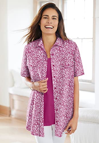 Woman Within Women's Plus Size Short-Sleeve Cotton Campshirt Shirt - 22/24, Navy Paisley Ditsy White #TOP4