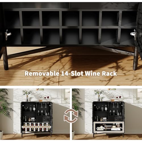 Fluted Wine Bar Cabinet with Storage, 31.5\" Liquor Cabinet with Wine Racks and Glass Holder, Modern Coffee Bar Cabinets Accent Sideboard Buffet Table for Kitchen Dining Room, Living Room, Black - Thumbnail 4