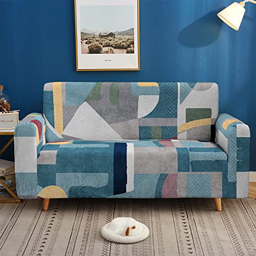 Hosima Geometric Irregularity Sofa Covers For 4 Cushion Couch,Blue And Grey X-Large Couch Slipcover,Printed Stretch Washable X-Large Slipcover Furniture Protector For Living Room,X-Large(93-118 Inch) #TOP3
