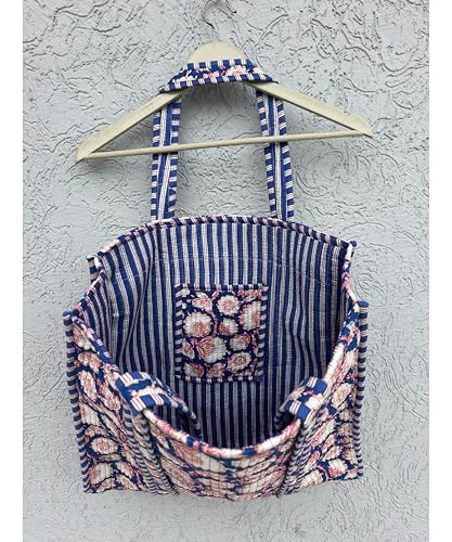 Image of Quilted Cotton Handprinted Reversible Large multicolor Floral Tote Bag,Hand Block Print Shopping Shoulder Carry Bag