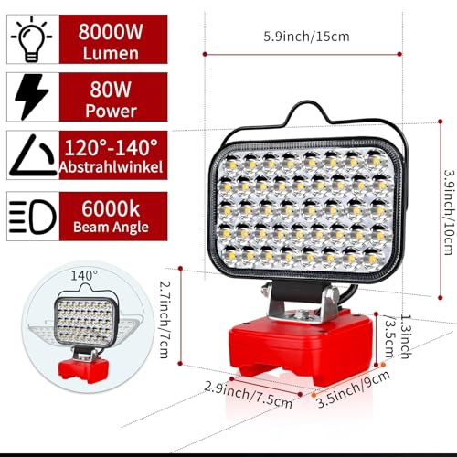 Image of Work Light for Craftsman V20 Battery,84W 8000LM Portable Cordless Floodlight with USB&Type C Fast Charging Port for Craftsman Tools,LED Spotlight for Camping,Fishing,Workshop