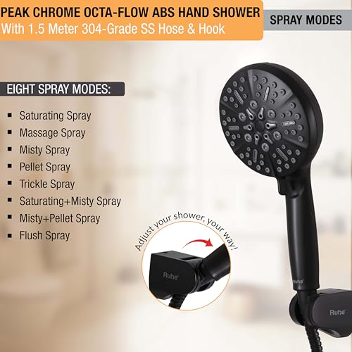 Image of Ruhe Peak Multi-Functional Octa-Flow Modes ABS Hand Shower with 1.5 Meter 304-Grade Stainless Steel Hose & Hook, Matte Black Finish