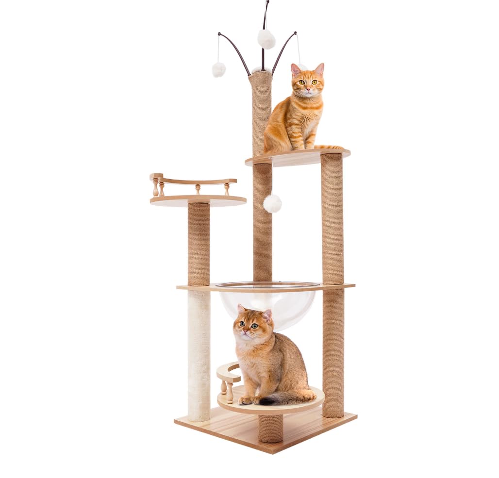 Tiragraffi per gatti, 132 cm, albero da arrampicata per gatti con colonna tiragraffi per gatti, albero tiragraffi per attività a più livelli, con capsula trasparente e palline da gioco, per