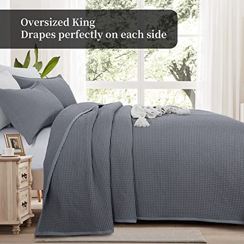 Hombys Oversized King Waffle Weave Bedspreds 120X128, 100% Cotton Breathable Bedspread, Lightweight Reversible Grey Coverlet For All Season,1 Quilt And 2 Pillow Sham #TOP2