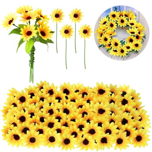 Wavwavw 50 Pcs Mini Artificial Sunflower Heads with Iron Stems for Home Party Decoration Wedding Decor, Bride Holding Flowers Centerpieces Wreath Garden DIY Art Decor Crafts(1.57 Inch)