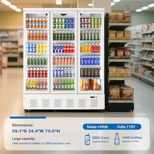 Image of 59'' W Commercial Refrigerators with 3 Glass Door, 40 Cu.Ft Beverage Refrigerators Commercial Fridge Upright Cooler with Soft LED Light and 15 Adjustable Shelves for Restaurant Stores