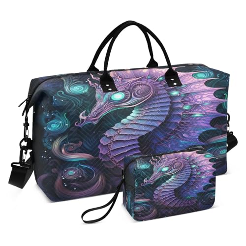 Cool Blue Purple Seahorse Sports Swim Gym Bag Weekender Duffel Travel Bags Handbag with Makeup Storage Bag for Girls Men