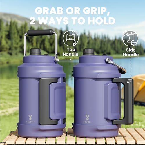Image of 1 Gallon Insulated Water Bottle for Sports: Meoky 128 oz Triple Wall Vacuum Stainless Steel Water Jug - Top and Side Handles, Cold for 48 Hrs, 2-in-1 Straw and Spout Lid, Leak Proof for Hiking (Navy)