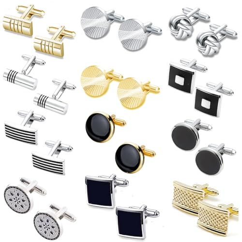 12 Pairs Cufflinks for Men Classic Tone Cuff Links Black Silver Striped Disc Square Rectangle Cuff Links Shirt Suit Men’s Cufflinks For Wedding Groom Business Elegant Gift