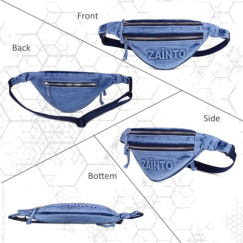 Image of Zainto Denim Waist Bag for Men & Women | Stylish Fanny Bag with Adjustable Strap | Premium Denim Material, Dual Zipper Crossbody Mini Bag