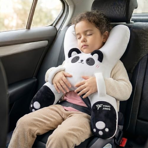 Image of Kids Car Sleeping Pillow, H-Shaped for Neck & Back Support, White Panda | Hands & Seat Belt Slot, Machine Washable & Compressible, Perfect for Car, Plane, Train, Boat & More
