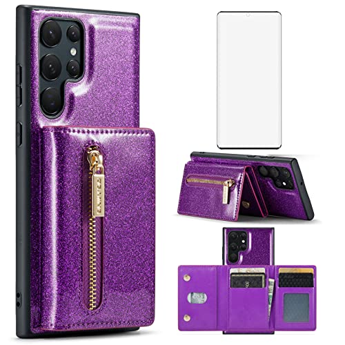 Étui portefeuille Samsung S23 Ultra violet avec protège-écran verre et porte-cartes