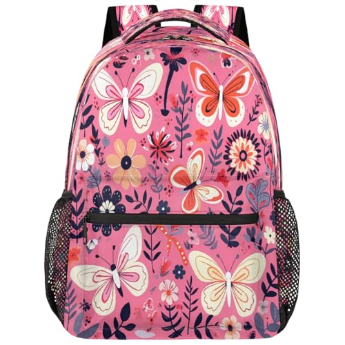 Abstract Flower Butterfly Pattern Kids Backpack, Lightweight School Bookbag Large Capacity Laptop Backpack Water Resistant Daypack Shoulder Bag for Teenager Boys Girls