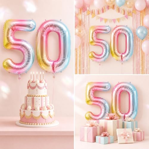 Image of Rainbow Number Balloons Birthday Balloons - Giant Number 50 Balloon 40 inch, Numbers Balloon Birthday Decorations, Rainbow Party Supplies for Baby Shower