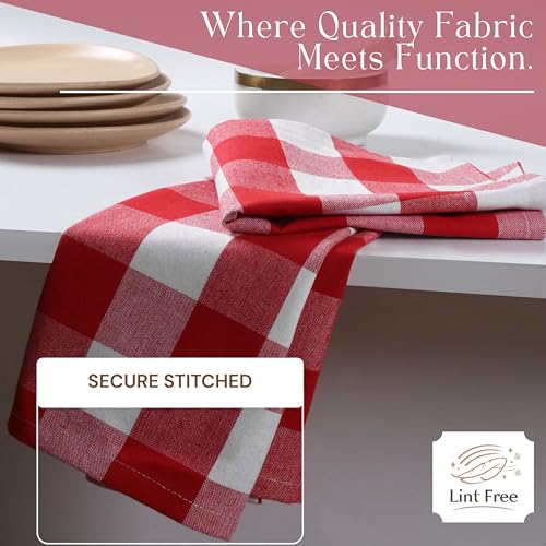 Image of Red Buffalo Plaid Checked Dish Towels 4 Pack, 100% Cotton, 16x26 Inches, Super Absorbent, Quick Drying, Soft, Lint-Free, Durable Tea & Bar Towels with Hanging Loop, Grey and White
