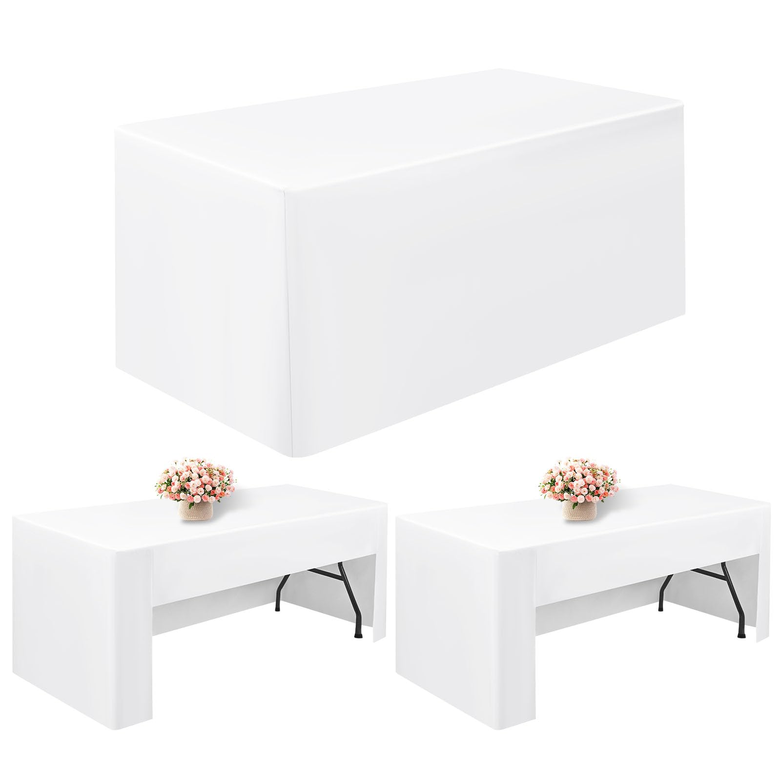 Pesonlook 2 Pack White Tablecloths 6 Ft Open Back Fitted Tablecloth,72 x 30 Inch Washable Polyester Fitted Table Cover for 6 Ft Rectangle Tables,Trade Show Table Cover for Parties/Wedding/Events