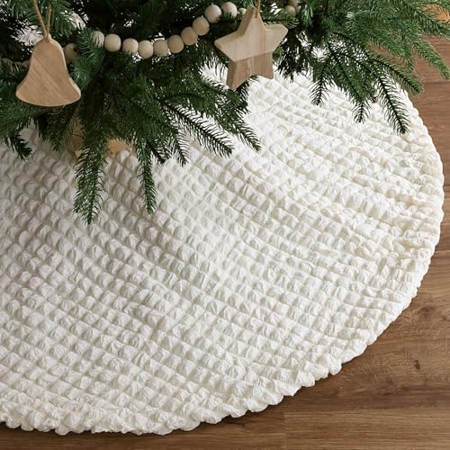 Bunny Chorus Christmas Tree Skirt: 48 inches Soft Creamy-White Tree Skirt with Diamond Patterns, Large Waffle Plaid Xmas Tree Collar, Cute Puff Cloud Bubble Tree Skirts for Home Office Decor Indoor