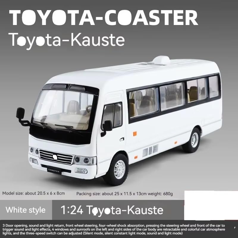 Image of 1.24 Scale Toyo ta Coaster Bus Exclusive Alloy Metal Pull Back Die-cast Model with Sound Light Mini Auto Toy for Kids Metal Model Toy with Sound and Light. (1.24 Scale -White)