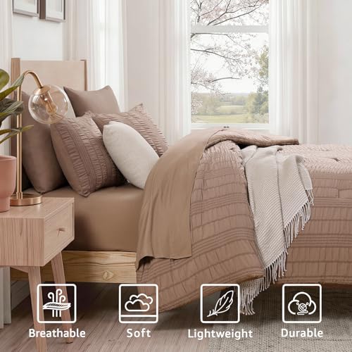 CASAAGUSTO Full Size Comforter Set, 7 Pieces Brown Seersucker Bed in a Bag Full Size Soft All Seasons, Bedding Sets Full with Comforter, Flat Sheet, Fitted Sheet, 2 Pillow Shams, 2 Pillowcases — view 5