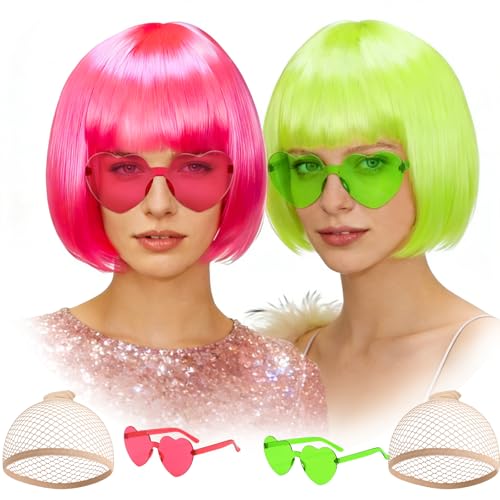 Image of DAJOOEE 2 Pack Party Wigs Wig Cap and Sunglass Set,Short Bob Hair Wigs Straight with Flat Bangs Synthetic Colorful Cosplay Daily Party Neon Wig for Women (Pink Green)