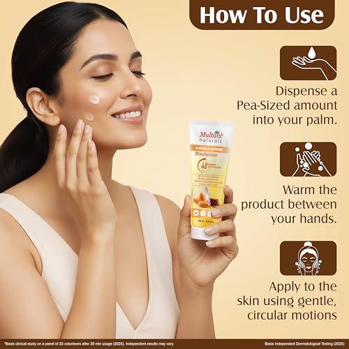 Image of Multani Naturals Moisturizer Almond & Saffron (100 ml) Face & Body | Dermatologically Tested | 48-Hours Moisturization & Skin Brightening | Ayurvedic Formula with Shea Butter & Kokum Butter | Non-Greasy & Paraben-Free | for All Skin Types