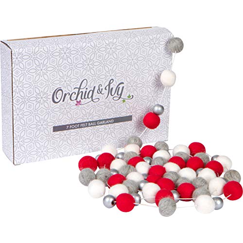 8 Foot Red, White And Gray Wool Felt Ball Pom Pom Garland With Silver Wood Beads - Vintage Christmas Tree Decor Holiday Party Banner Decoration For Wall, Crafts, Kids Room #TOP5