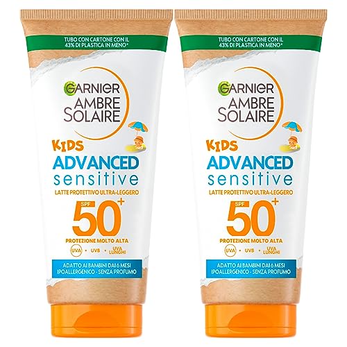 Garnier Ambre Solaire Kids Advanced Sensitive SPF 50+ Latte Solare Protezione Molto Alta Bimbi Ipoallergenico - 2 Flaconi da 50ml