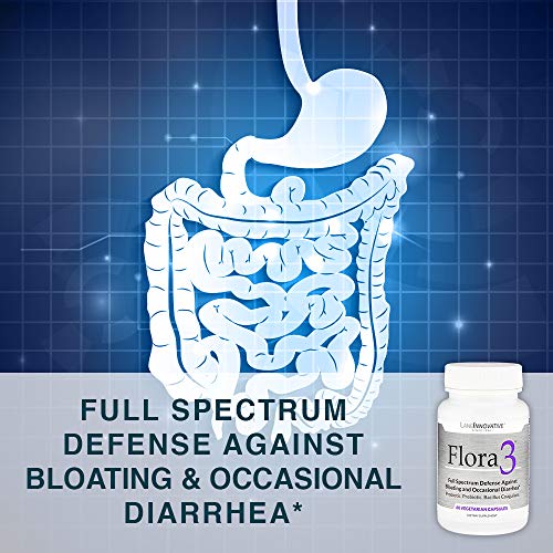 Lane Innovative - Flora3, Full Spectrum Defense Against Gas, Bloating And Occasional Diarrhea, A Probiotic, Prebiotic, And Bacillus Coagulan In One (60 Veggie Caps) | 2-Pack #TOP5