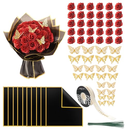 LCUHAVA 30 Rote Glitzer Rosen, Künstliche Rosen Gehärtet Blumenstrauß Mit Schmetterlingsdekor und Band Künstliche Blumen Wie Echt, for DIY Wedding Parties Valentine's Day Mother's Day