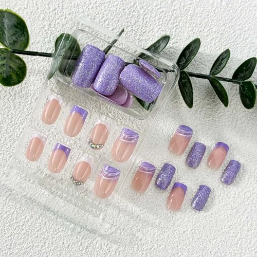 Image of Purple Press on Nails Medium Square Fake Nails French Tip with Glitter Design Rhinestone Glue on Nails Glossy Full Cover Artificial Acrylic Stick on Nails for Women Girls Manicure 24Pcs