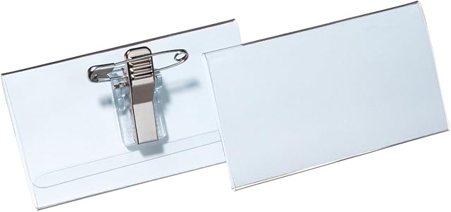 Durable Name Badge 40 x 75 mm with Combi Clip Transparent | Pack of 50 Badges | Includes Blank Insert Cards | Ideal for Events and Visitor Management
