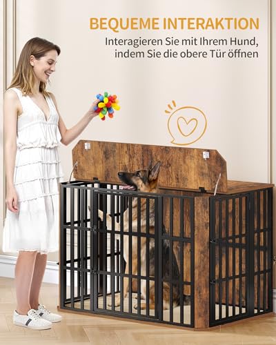 Hzuaneri Hundekäfig Möbel, Hochbelastbar Hundebox aus Holz für den Innenbereich mit Futtertür Oben, Mehrtür-Design, Großer Hundekäfig-Beistelltisch, 120 x 75 x 81 cm, Vintage Braun DFC86801B