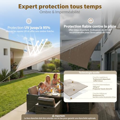 Voile d'ombrage 4x5m imperméable Sekey résistant déchirures balcon