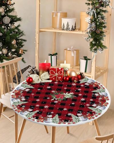 Chees D Zone Christmas Snowman Round Fitted Tablecloth for Round Table,Poinsettia Xmas Tree Waterproof Tablecloth Table Cover with Elastic Edge,Snowflake Red Black Buffalo Plaid Circle Covers 45-54in
