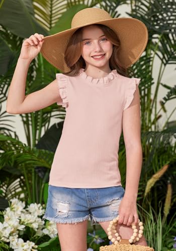 BesserBay Girls Summer Flutter Sleeve Shirts Knit Ruffle Collar Slim Fit Casual Vertical Texture Tank Tops 5-14 Years4