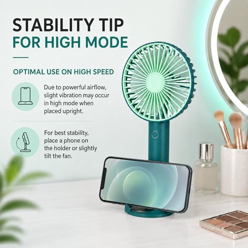 Image of TEQO Rechargeable Hand Fan 4800 RPM High Speed | 1200mAh Battery, Up to 6 Hours Runtime | Portable USB Fan with Mobile Stand & RGB Light | 3 Speed Personal Mini Fan for Travel, Makeup (Green)