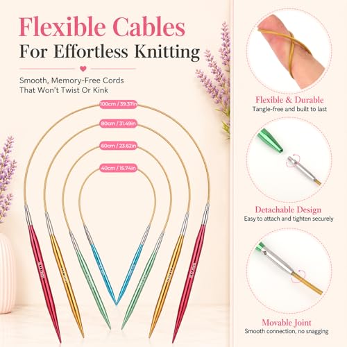 Image of Katech Circular Knitting Needles- 13 Pairs Interchangeable Knitting Needles Set with Flexible Cables-Perfect for Sweater /Beanie Hat /Blanket /Afghan /Socks(3.0mm~10.0mm) Ideal Gift for Beginners
