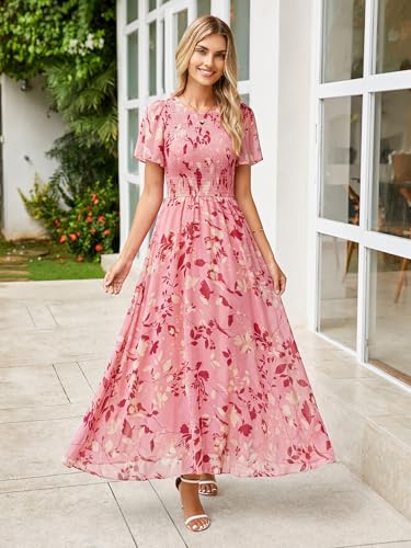 Image of Simplee Womens Casual Floral Summer Maxi Dress 2026 Boho Flowy Short Sleeve Crew Neck Vacation Smocked Chiffon Dresses