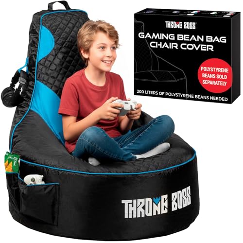 Throne Boss Gaming Bean Bag Chair Cover for Kids with High Back, Blue – Floor Gaming Chair Cover, Easy to Clean Fabric, Large Side Pockets, Headphone Hanger, Requires 200 Liters Polystyrene Beans