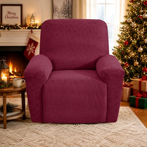 Image of ZNSAYOTX 100% Waterproof Recliner Chair Covers, 3-Piece Stretch Fit Recliner Slipcovers with Buckle & Elastic Band for Lazy Boy, Stay in Place, Soft Plaid Jacquard Protector (Large, Wine Red)