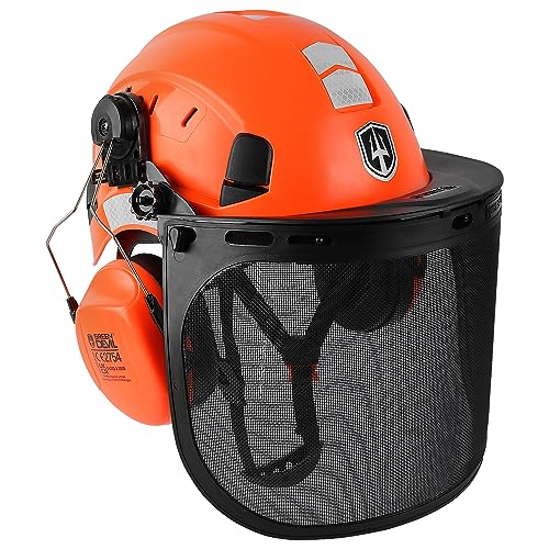 GREEN DEVIL Kettensägen-Schutzhelm Forstschutzhelm Sicherheitshelm mit Gehörschutz Ohrenschützer und Gesichtsschutz Visier 3 in1 Helmset Schlagfeste Bequeme Belüftung Arbeitshelm EN397 & EN 352-3