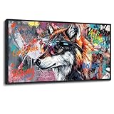 JEAWA Framed Canvas Wall Art - 20x40 In Abstract Painting Decor, Inspirational Graffiti Wolf Pictures, Modern Street Art Prints for Bedroom Living Room Bathroom Home Decoration