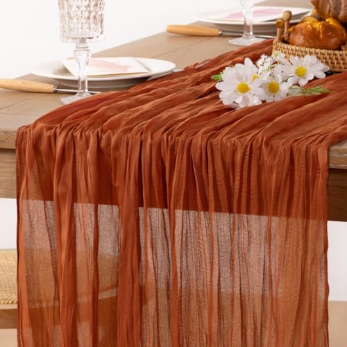 Image of MLMC 3 Pack Terracotta Table Runner 10ft Rustic Burnt Orange Cheesecloth Table Runner 35 x 120 inches Boho Cheese Cloth Centerpiece for Wedding Bridal Shower Pinic Thanksgiving Decor