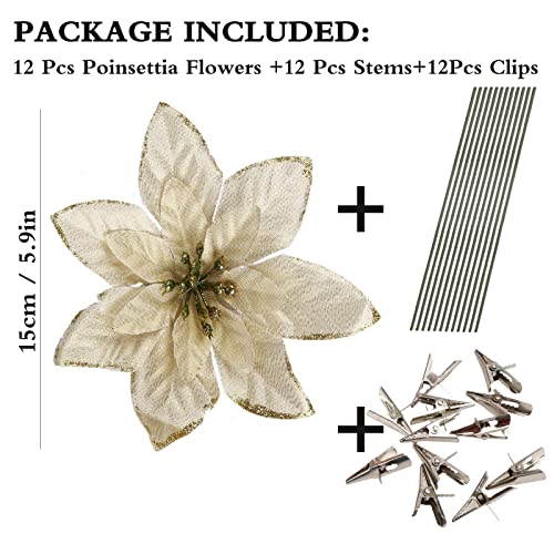 Trimgrace 12 Pack 5.9'' Golden Christmas Glitter Poinsettia Flowers Decorative Artificial Poinsettia Flowers For Christmas Wreath Tree Decoration Accessories Ornaments Crafts Decor #TOP1