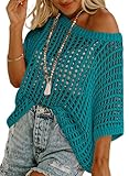 Dokotoo Womens Spring Summer Scoop Neck Short Sleeve Sweater Casual Crochet Hollow Out Knit Tops Work Business Pullover Shirts Beach Cover Ups for Women Peacock Blue Small