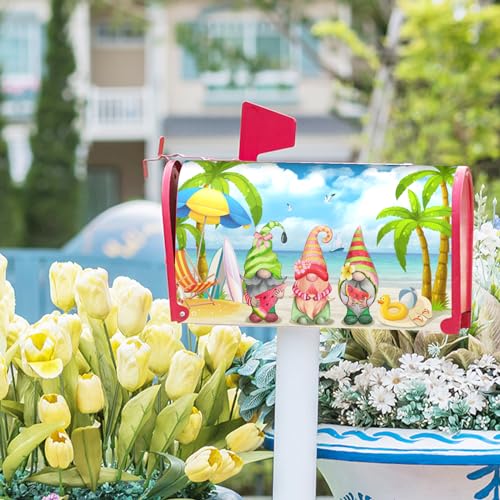 Image of Hello Summer Gnomes Mailbox Cover Magnetic Large Size 25.5 x 21 Inch Summer Tropical Farmhouse Decorative Mailbox Wraps Magnetic Beach Post Letter Box Cover for Home Garden Yard