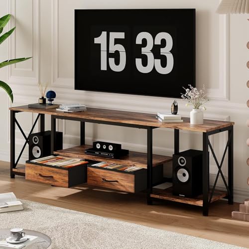TV Stand for 75 70 65 Inch TVs, Entertainment Center with Power Outlets & Charging Station, Rustic Brown Media Console Table with Fabric Drawers & Open Shelves for Living Room, Bedroom by SierraSquad - Image 8