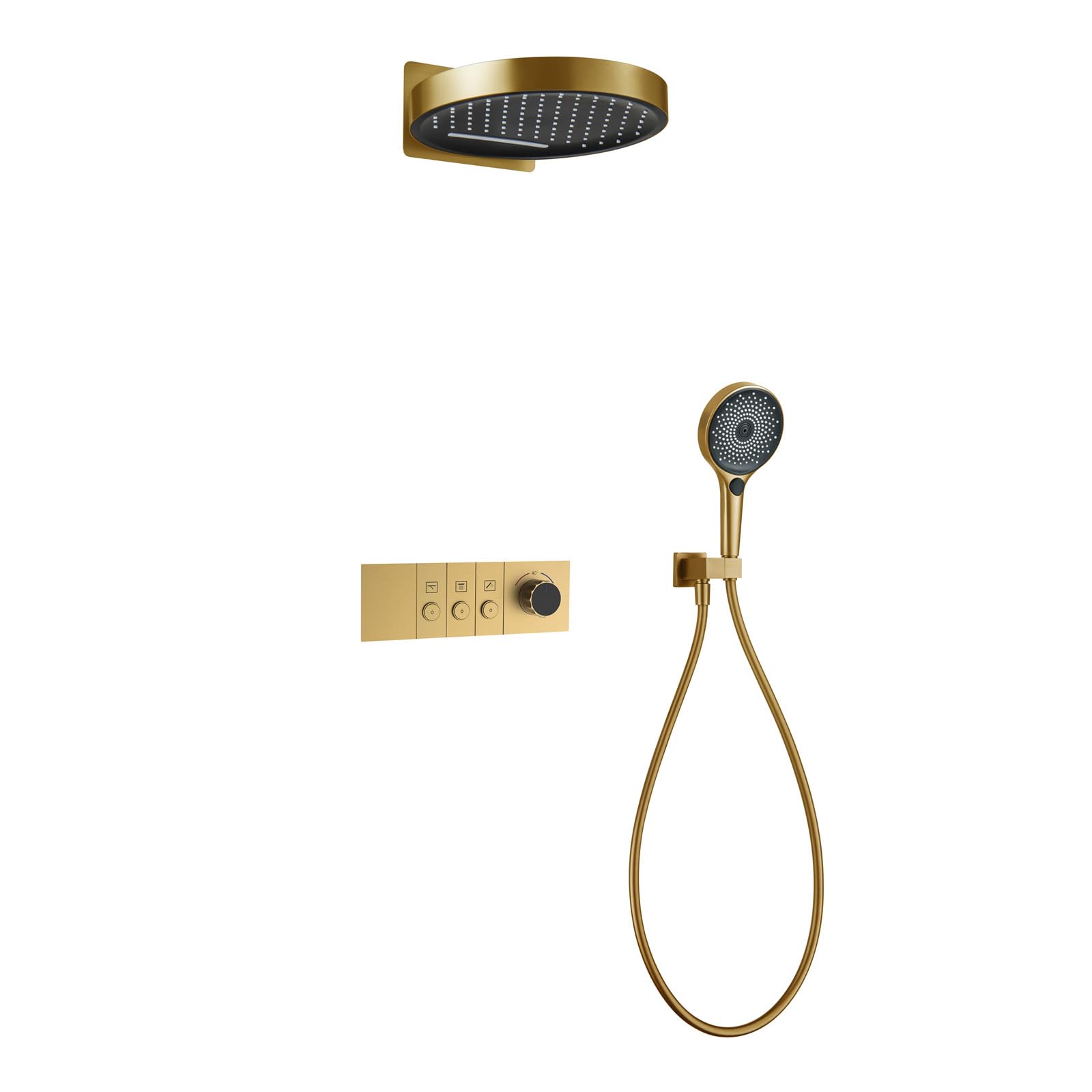 XJTNLB Rubinetto Doccia Termostatico Incasso Oro Spazzolato 32Cm Soffione Doccia Cascata E Pioggia Tondo, 3 Vie, con Doccino