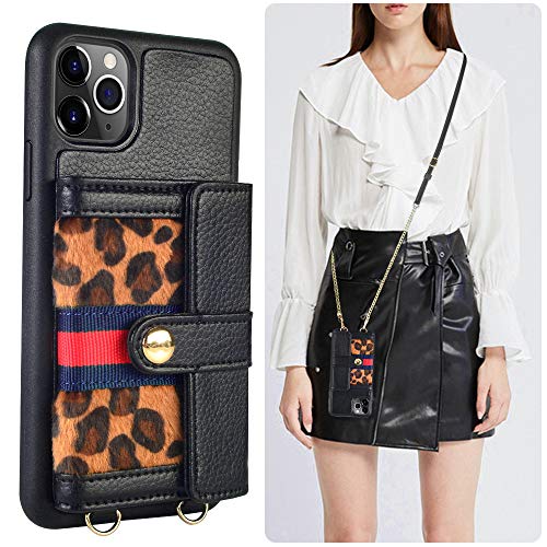 Wallet Case for iPhone 11 Pro Max, JLFCH iPhone 11 Pro Max Crossbody Case with Zipper Card Slot Holder Wrist Strap Lanyard Women Girl Leopard Print Purse for iPhone 11 Pro Max 6.5 inch- Black